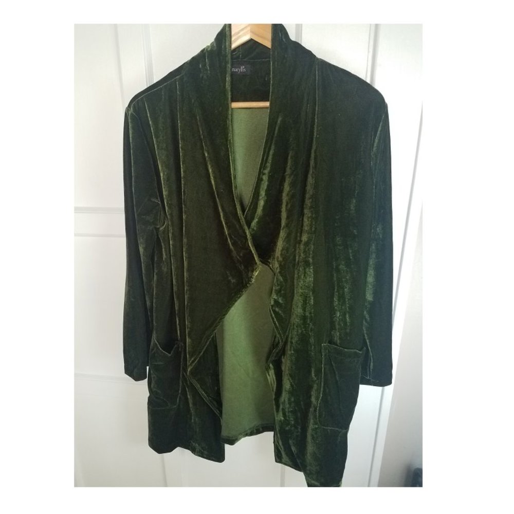 Army green open-front velvet jacket, size